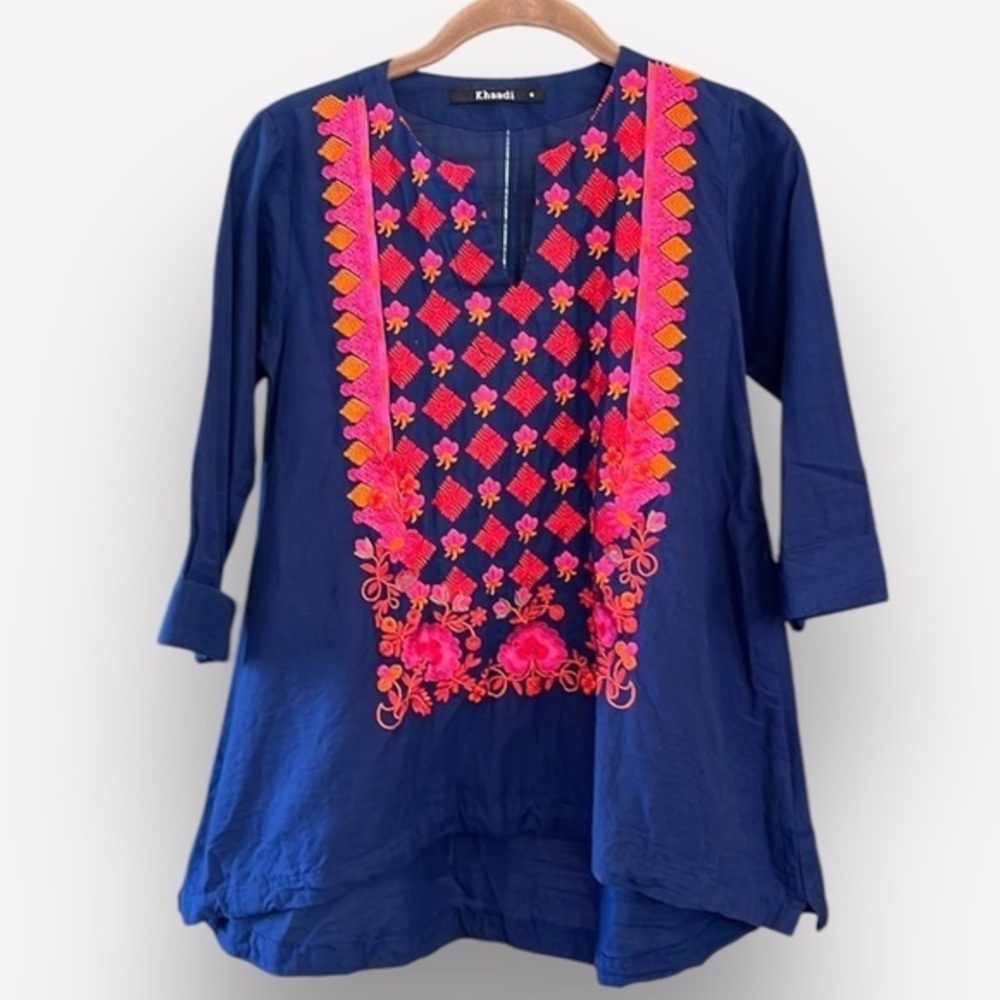 🇪🇸🥑Khaadi Embroidered Floral Tunic Kurti Blue & Pink | Ethnic Pakistani Style